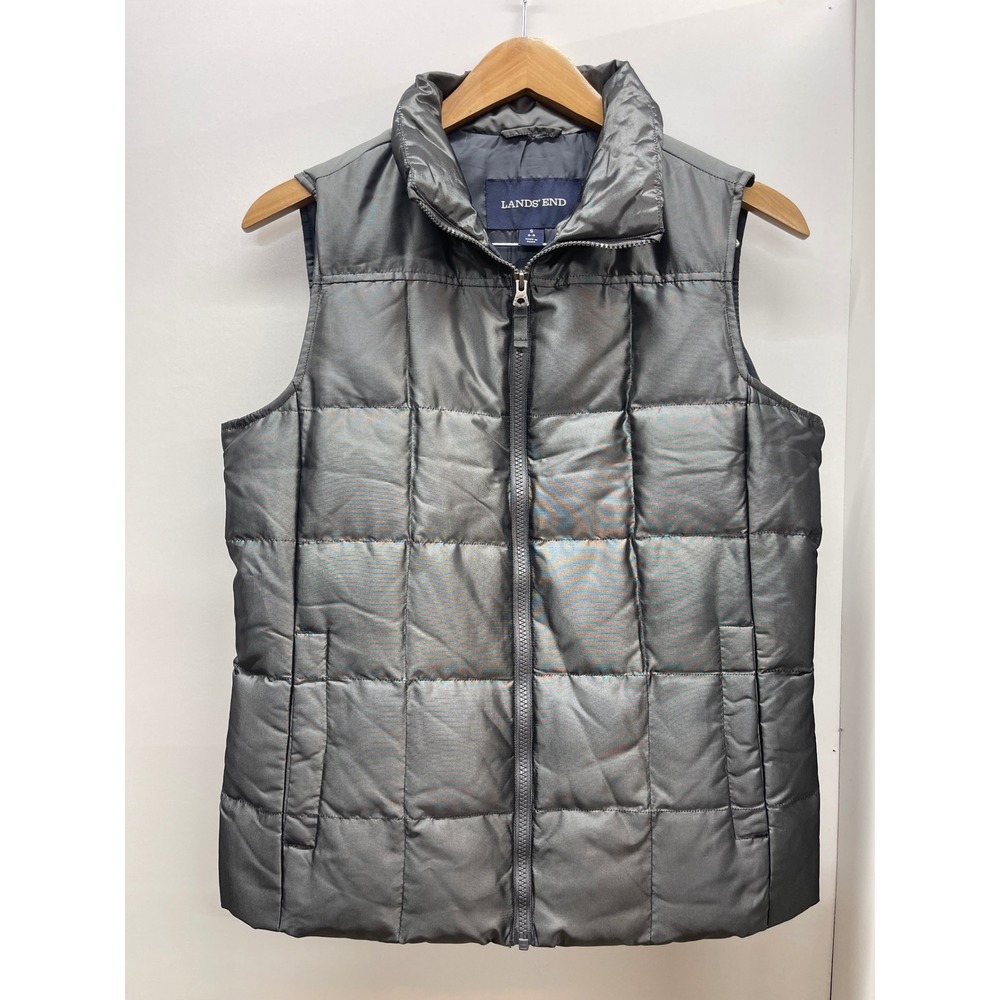 Lands End Womens Puffer Vest Metallic Charcoal Gray Quilted Full Zip Small 6-8